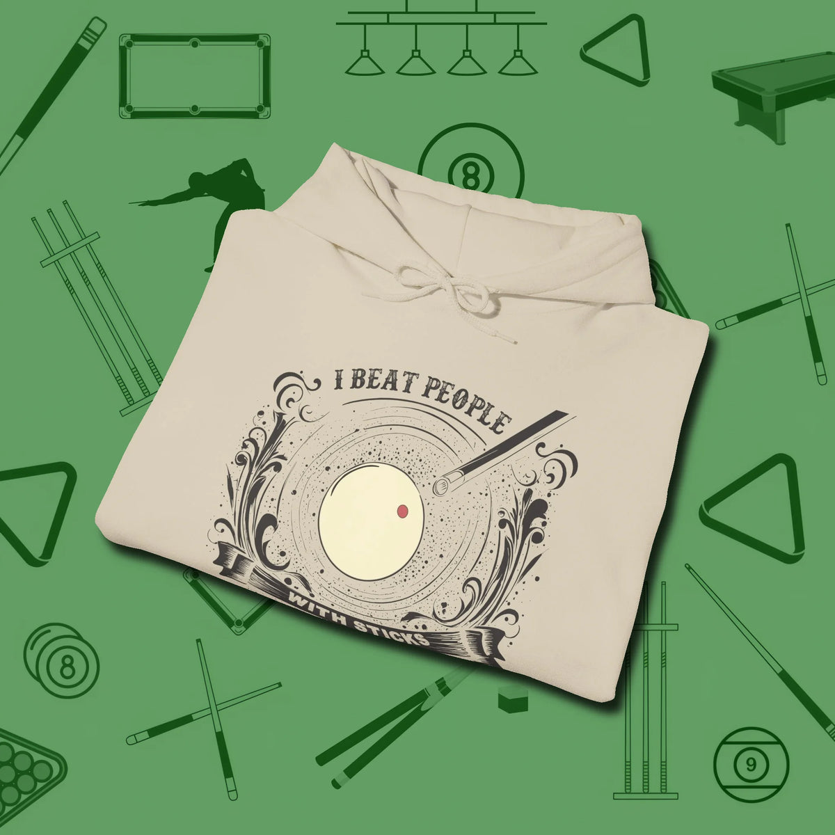 I Beat People With Sticks Hoodie, folded view, in Sand styled to dominate from rack to run-out