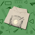 I Beat People With Sticks Hoodie, folded view, in Sand styled to dominate from rack to run-out