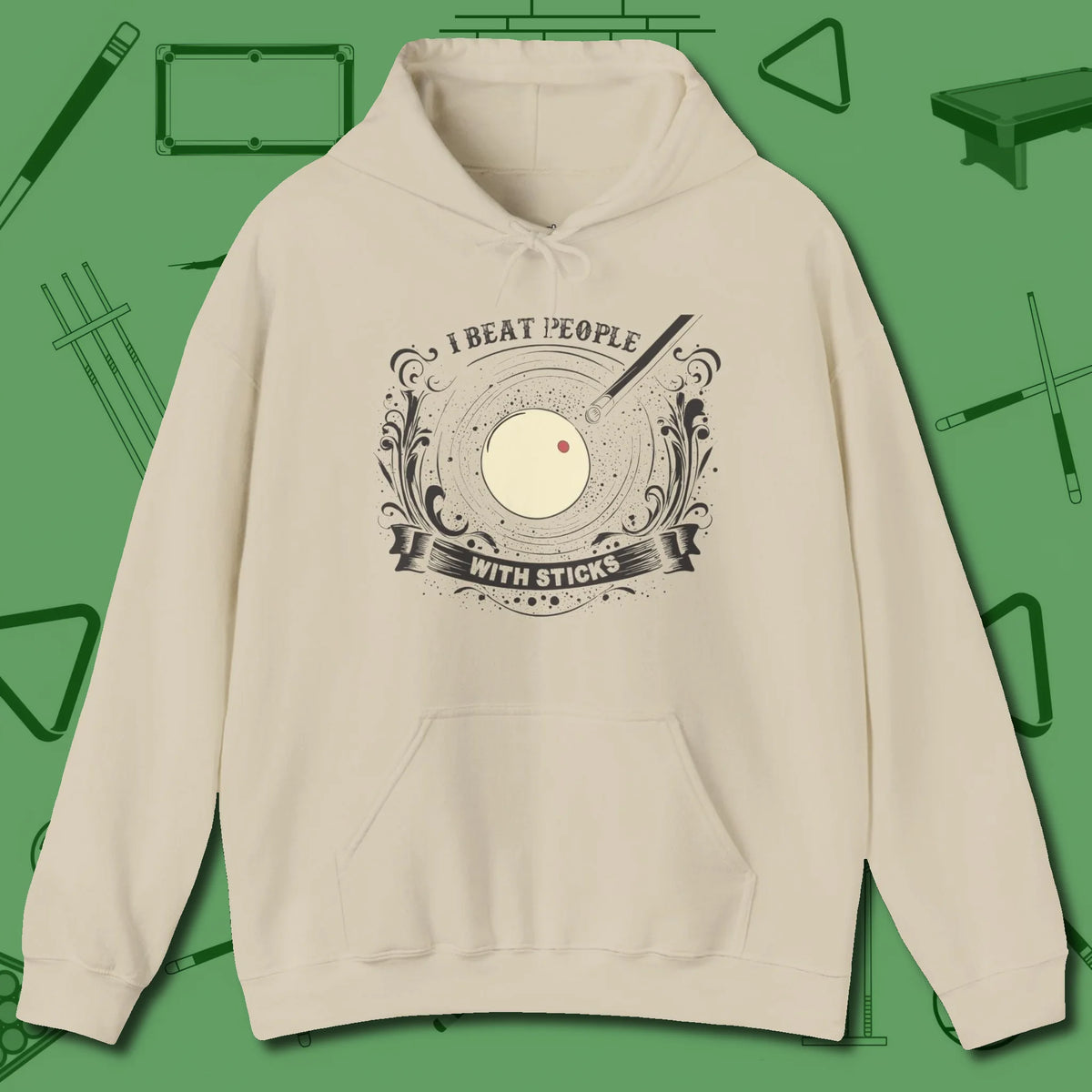 I Beat People With Sticks Hoodie, front view, in Sand dress for the shot you want to take