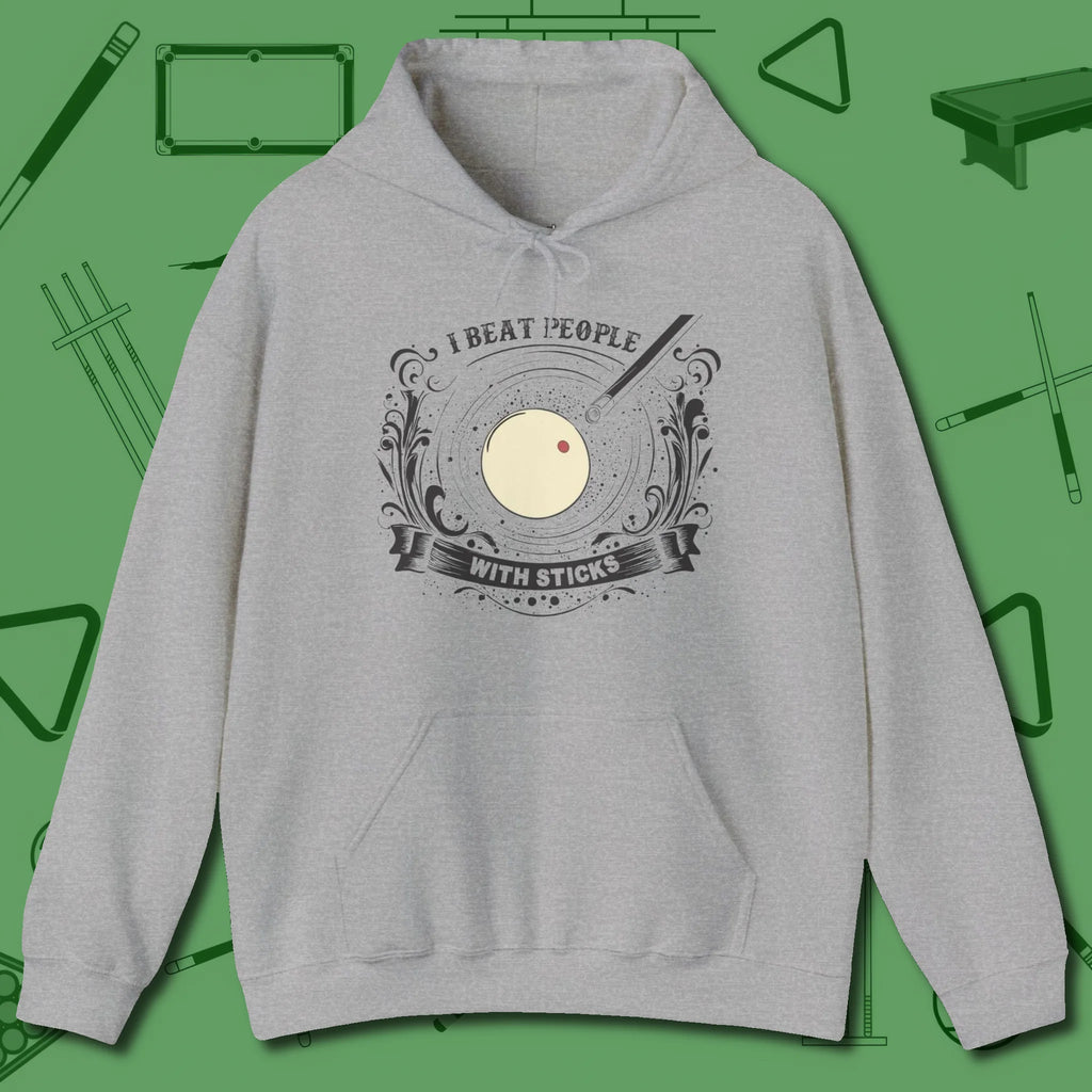 I Beat People With Sticks Hoodie, front view, in Sport Grey built for bold breaks and quiet confidence