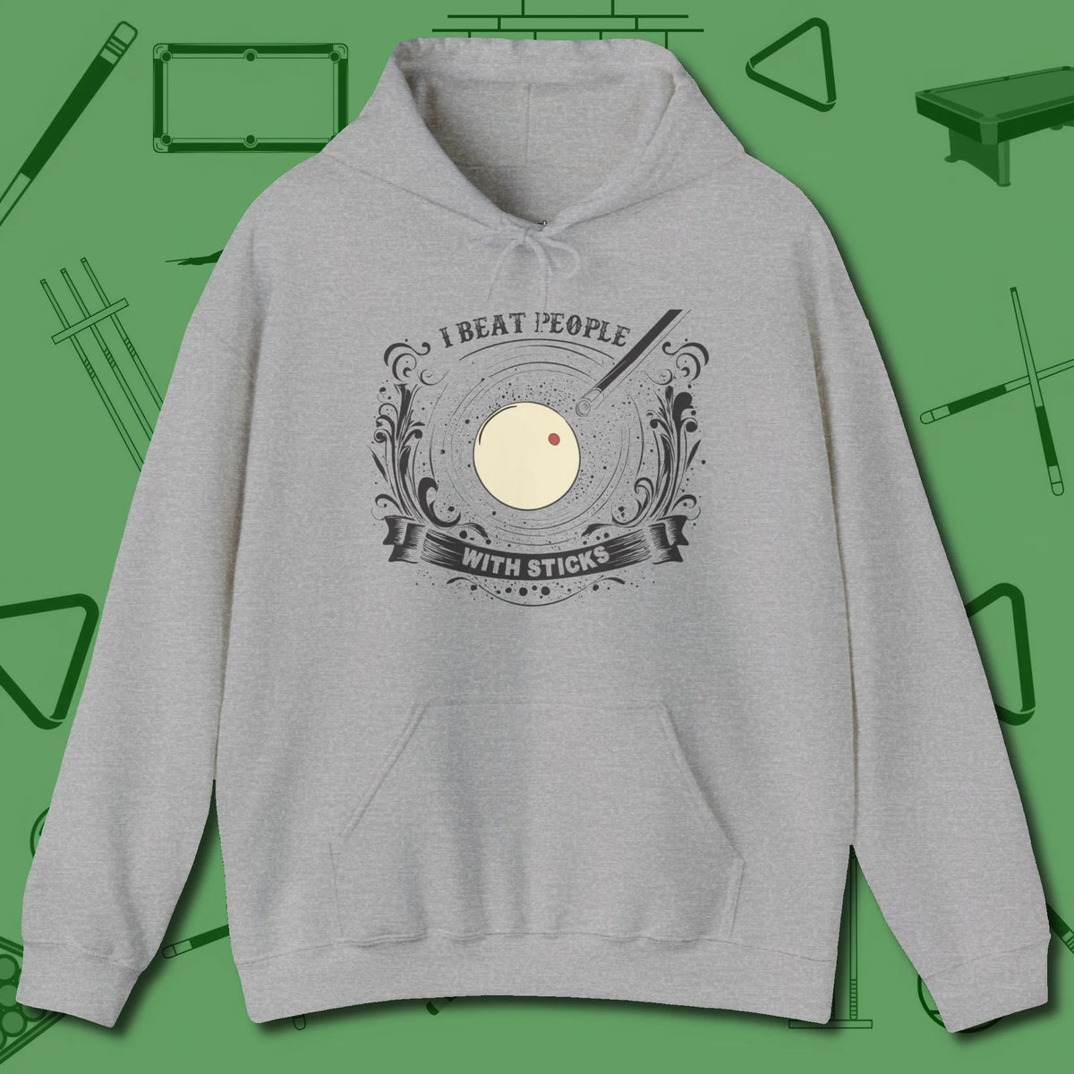 I Beat People With Sticks Hoodie, front view, in Sport Grey built for bold breaks and quiet confidence