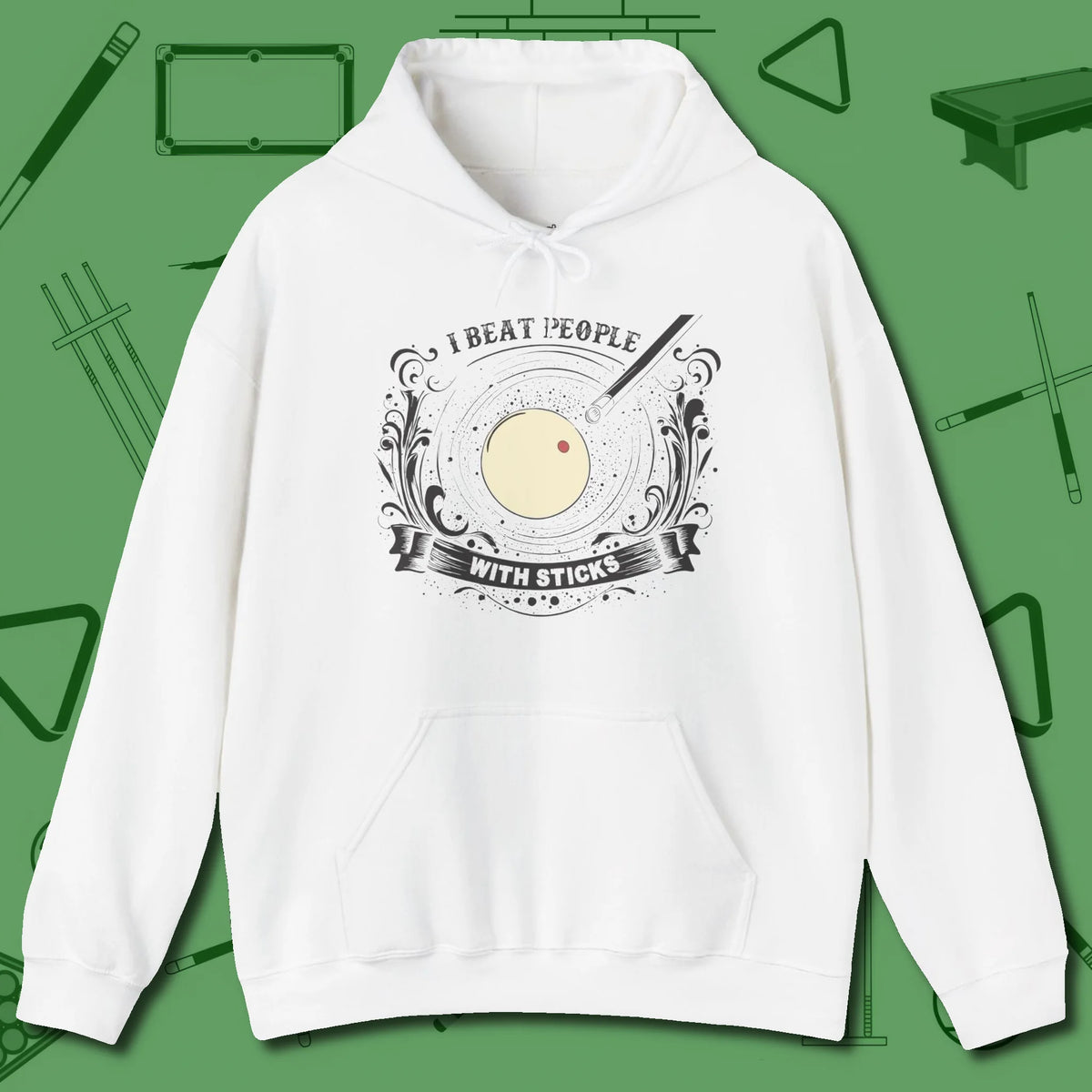 I Beat People With Sticks Hoodie, front view, in White clean lines for dirty minds