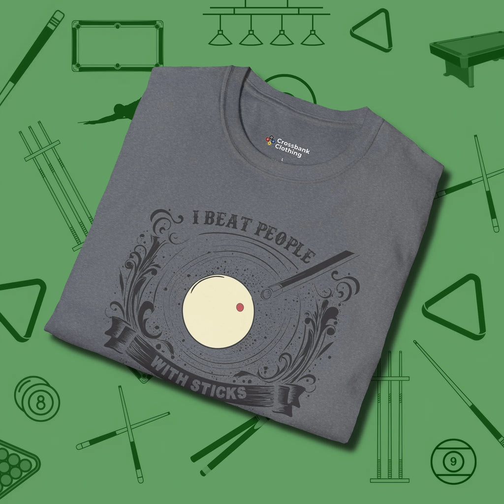 I Beat People With Sticks T-Shirt, folded view, in Graphite Heather look good while calling your pocket