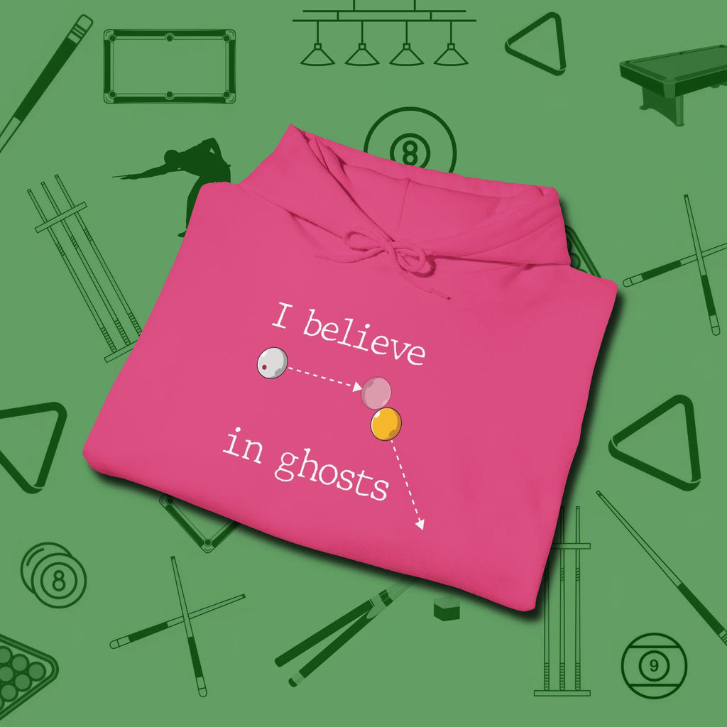 I Believe in Ghosts Hoodie, folded view, in Heliconia because pool isn’t just a game — it’s who you are