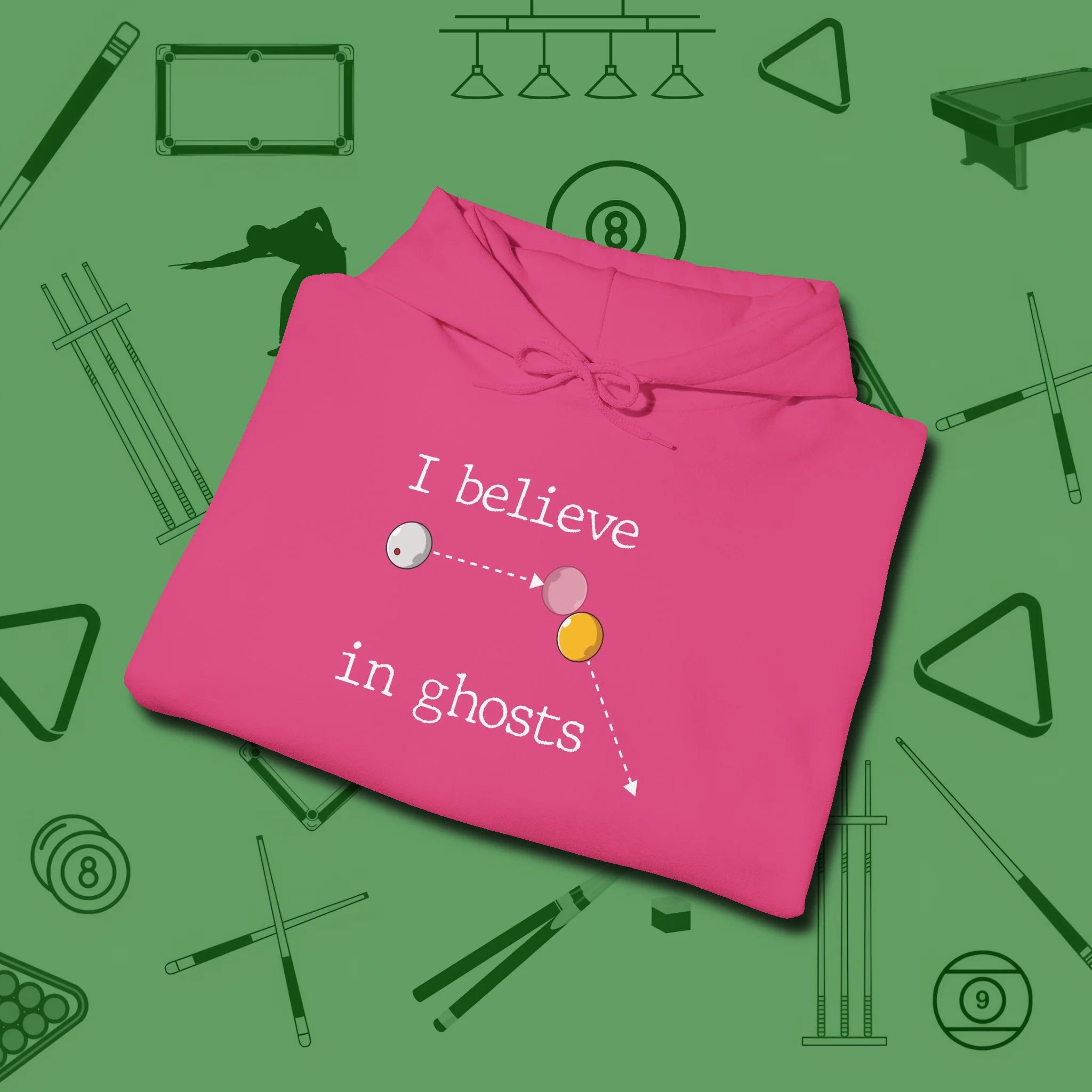 I Believe in Ghosts Hoodie, folded view, in Heliconia because pool isn’t just a game — it’s who you are