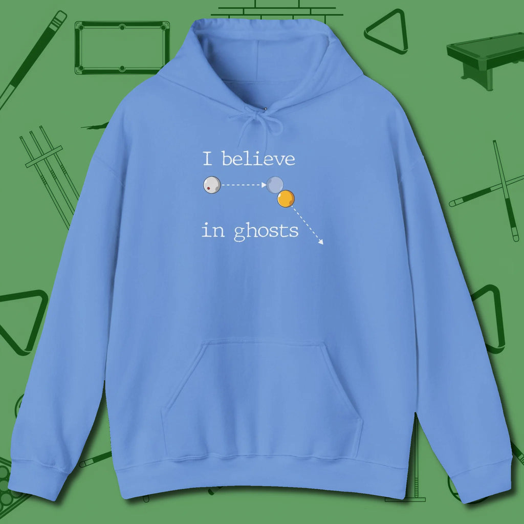 I Believe in Ghosts Hoodie, front view, in Carolina Blue perfect for players with quiet fire