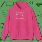 I Believe in Ghosts Hoodie, front view, in Heliconia dress for the shot you want to take