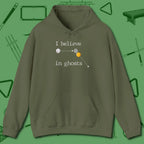 I Believe in Ghosts Hoodie, front view, in Military Green made for pool sharks, not posers