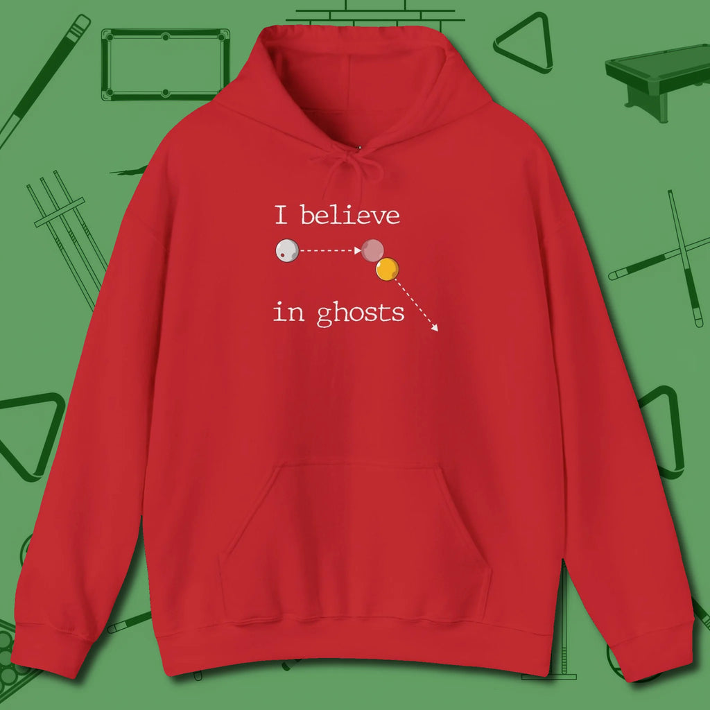 I Believe in Ghosts Hoodie, front view, in Red not your average 8-ball graphic tee