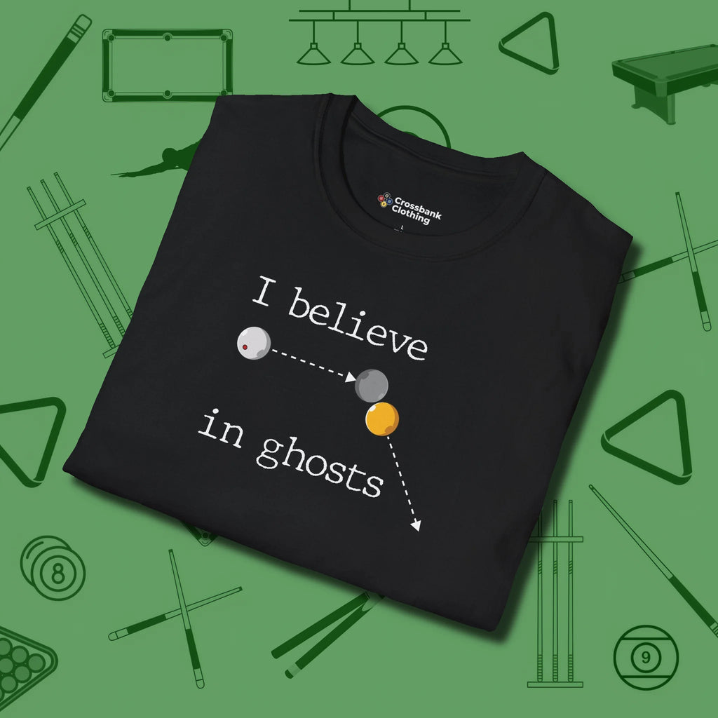 I Believe in Ghosts T-Shirt, folded view, in Black styled to dominate from rack to run-out