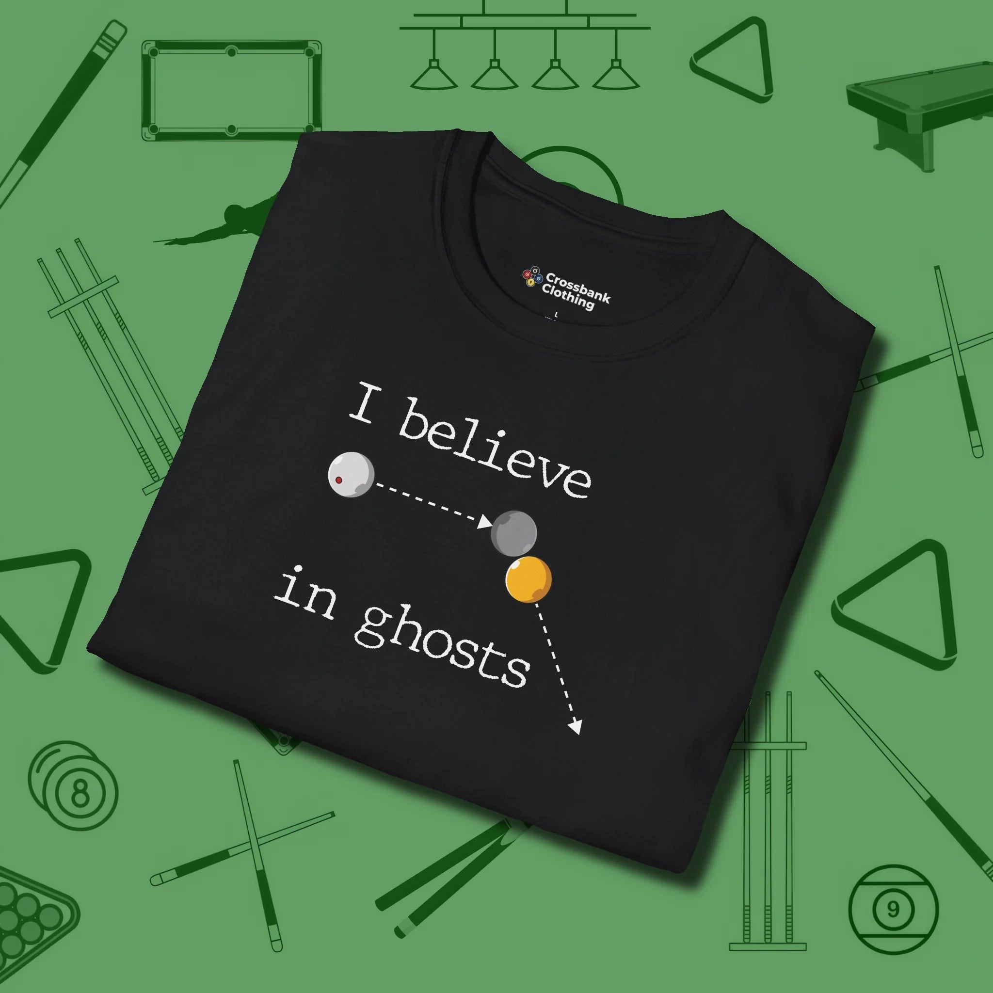 I Believe in Ghosts T-Shirt, folded view, in Black styled to dominate from rack to run-out