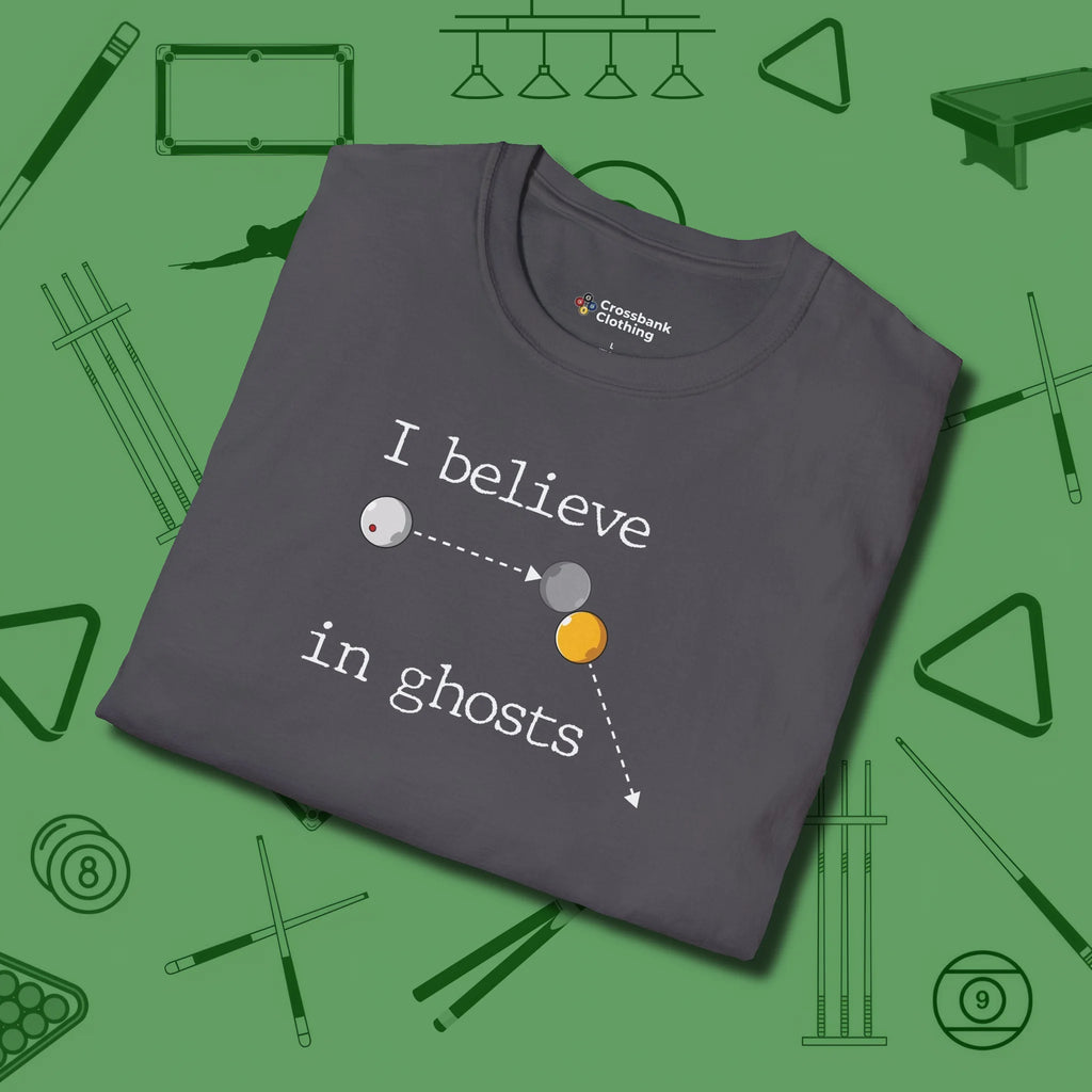I Believe in Ghosts T-Shirt, folded view, in Charcoal the shirt that plays position