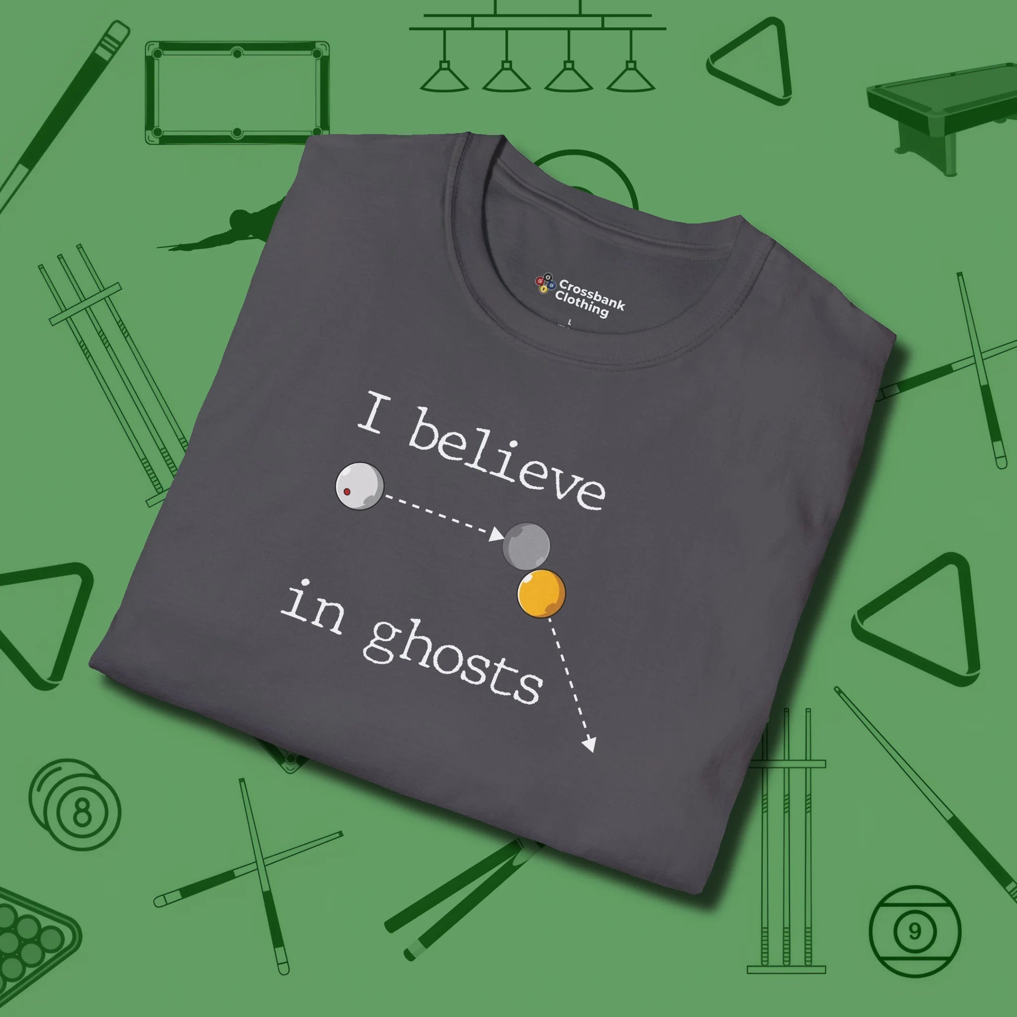 I Believe in Ghosts T-Shirt, folded view, in Charcoal the shirt that plays position
