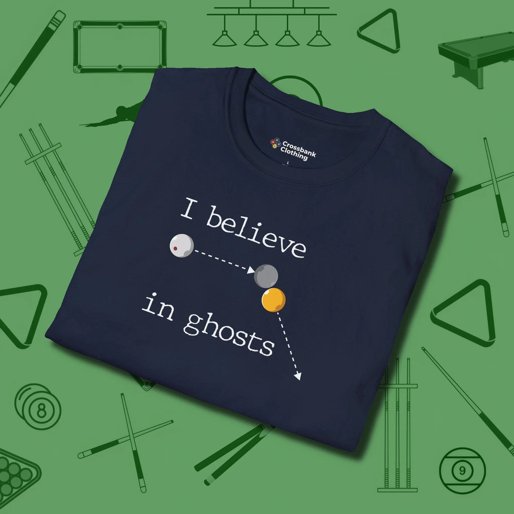 I Believe in Ghosts T-Shirt, folded view, in Navy what champions wear between racks