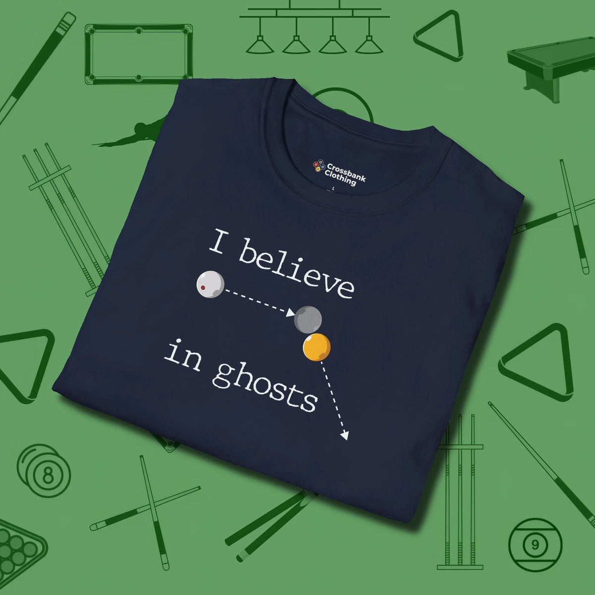 I Believe in Ghosts T-Shirt, folded view, in Navy what champions wear between racks