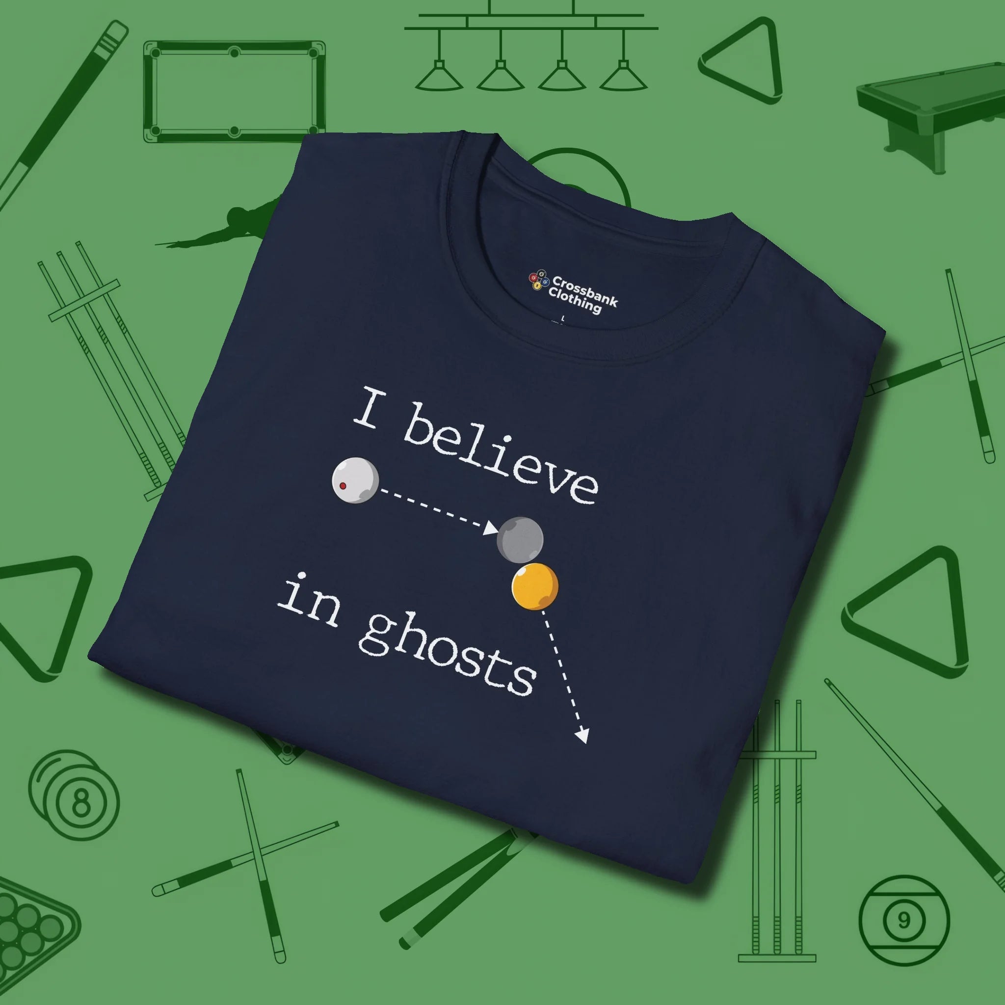 I Believe in Ghosts T-Shirt, folded view, in Navy what champions wear between racks