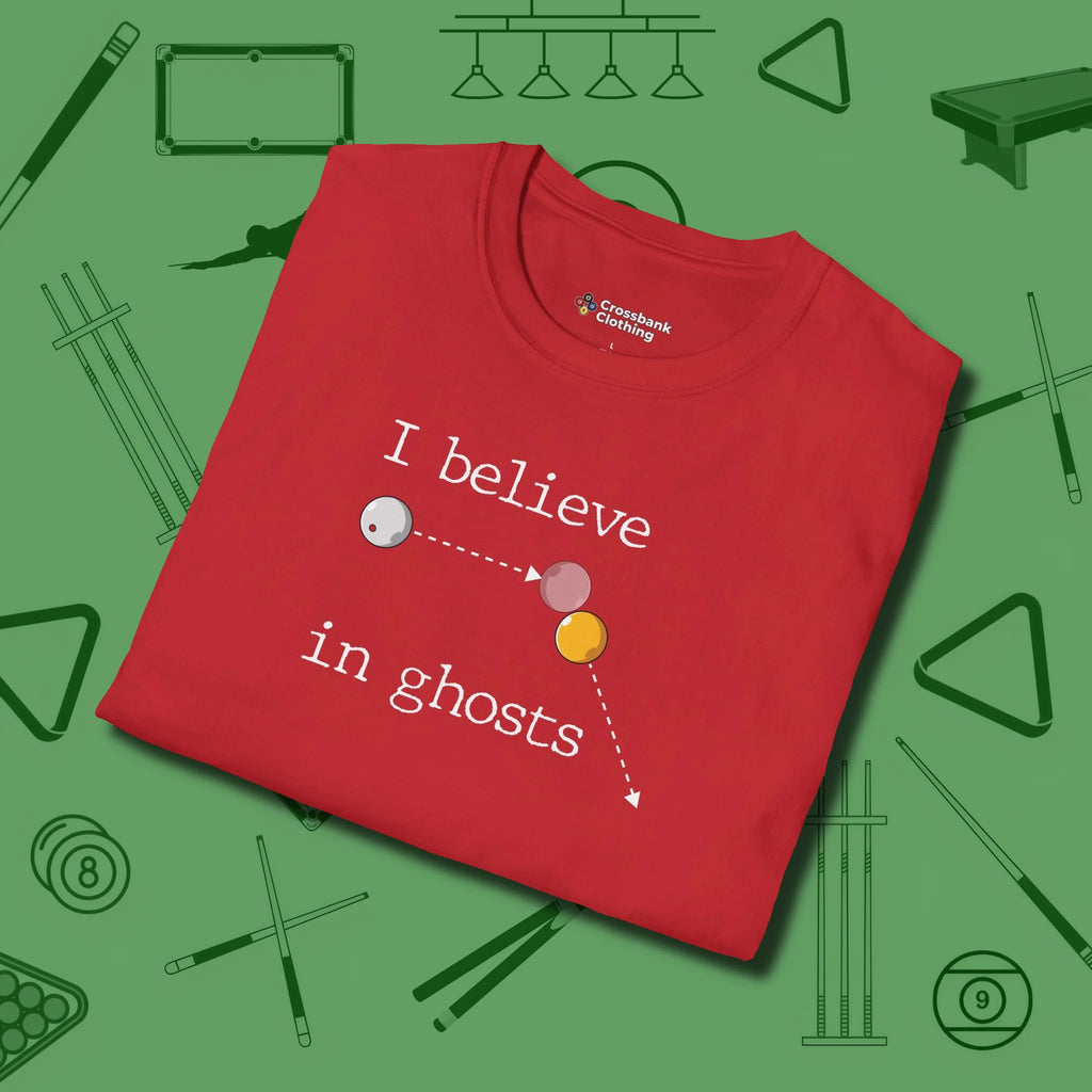 I Believe in Ghosts T-Shirt, folded view, in Red for shooters who dress like they play: sharp