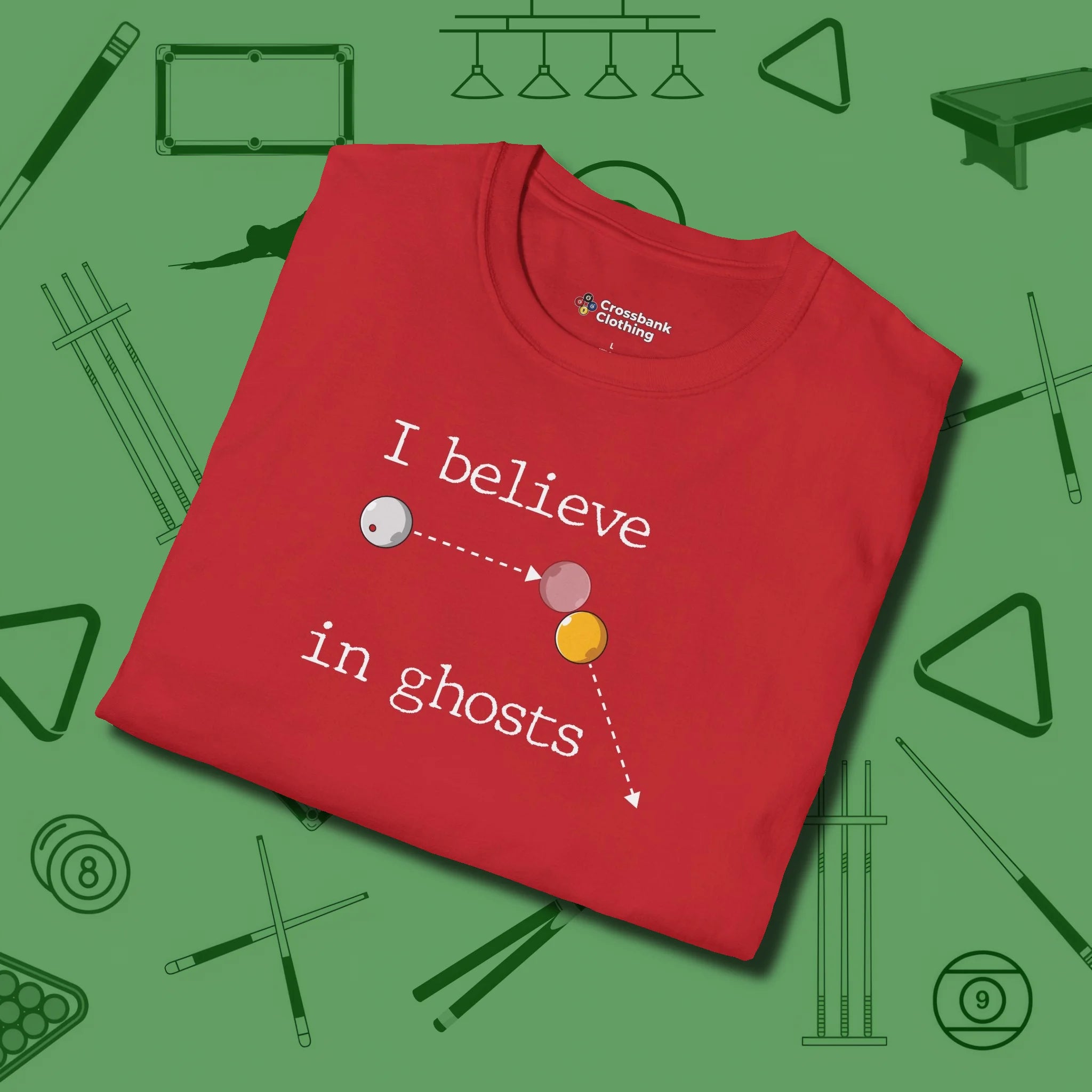 I Believe in Ghosts T-Shirt, folded view, in Red for shooters who dress like they play: sharp