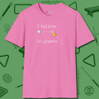I Believe in Ghosts T-Shirt, front view, in Azalea not your average 8-ball graphic tee