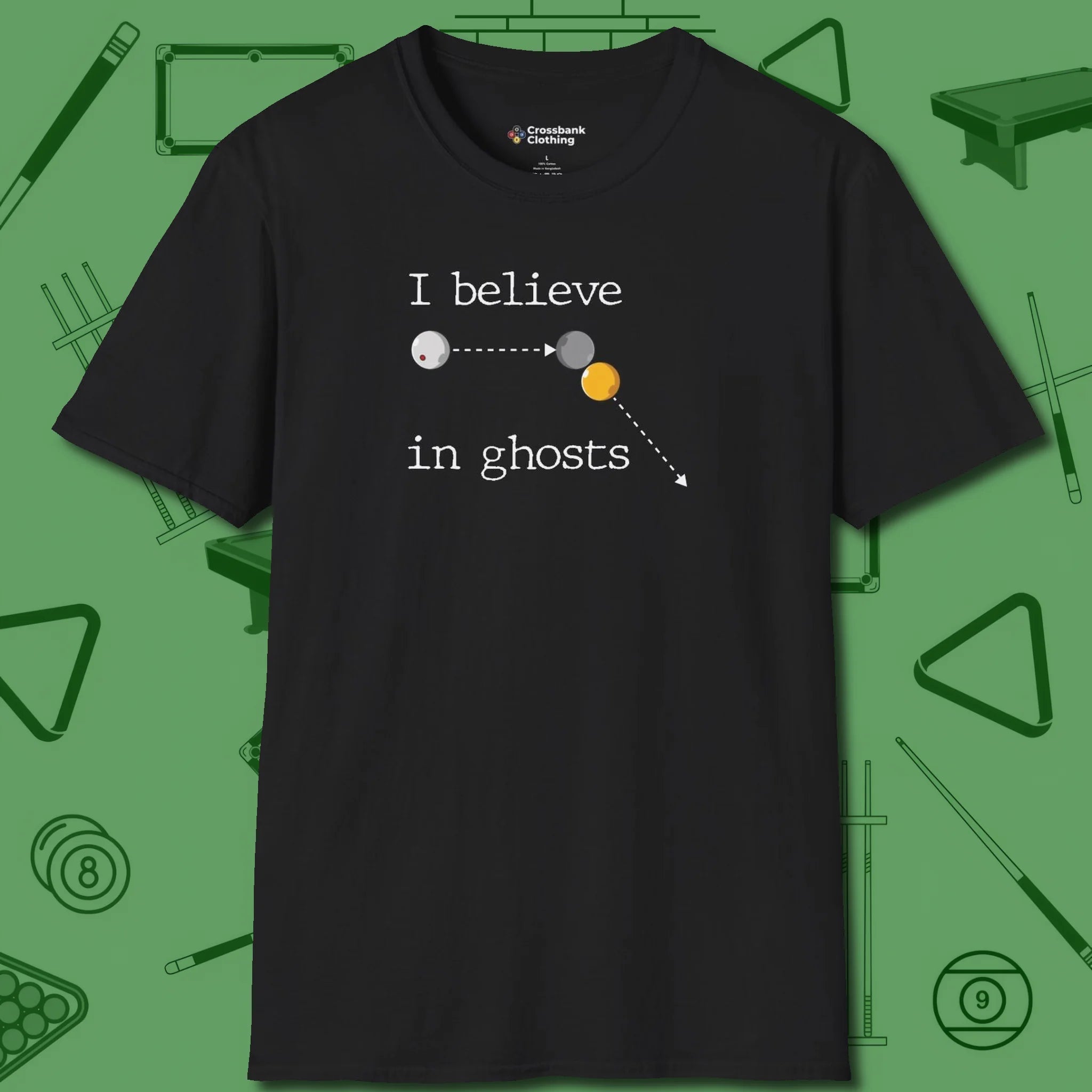 I Believe in Ghosts T-Shirt, front view, in Black strike fear with swagger and precision