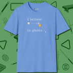 I Believe in Ghosts T-Shirt, front view, in Carolina Blue ideal for clean hits and clean fits