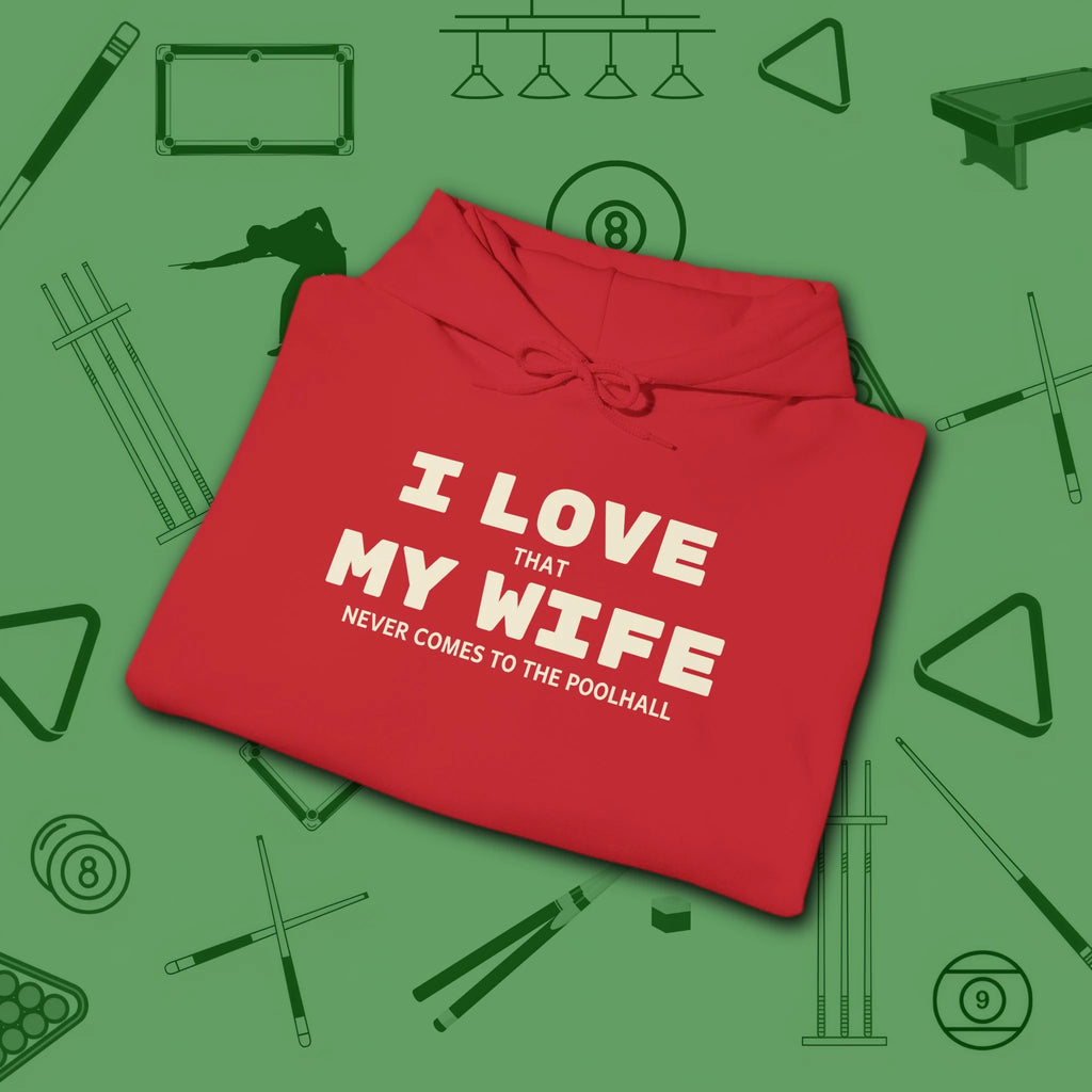 I Love My Wife Pool Hoodie, in Red color, billiards hoodie, folded view