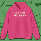 I Love My Wife Pool Hoodie, in Heliconia color, billiards hoodie, front view