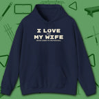 I Love My Wife Pool Hoodie, in Navy color, billiards hoodie, front view