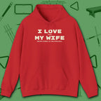 I Love My Wife Pool Hoodie, in Red color, billiards hoodie, front view