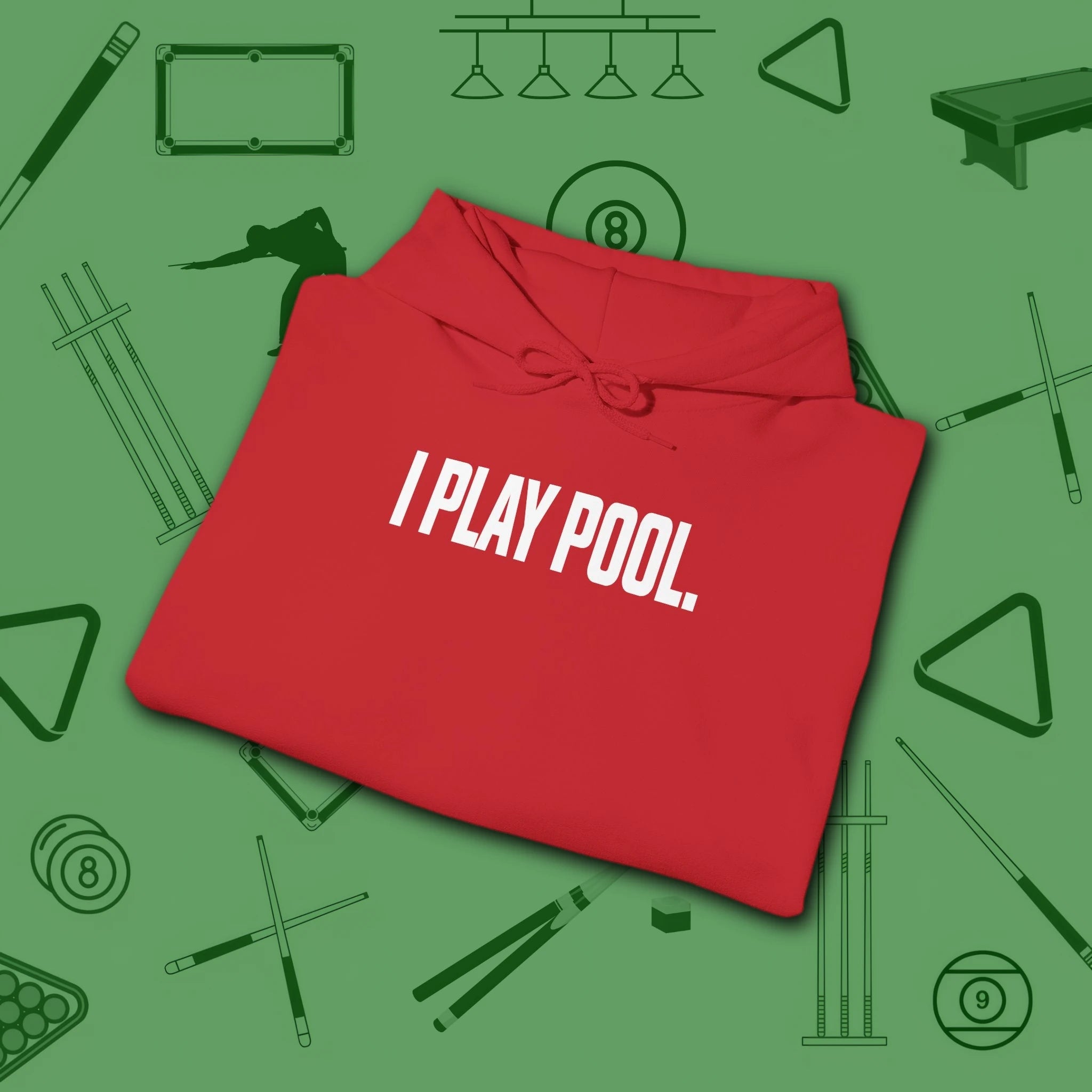 I Play Pool Hoodie, in Red color, billiards hoodie, folded view