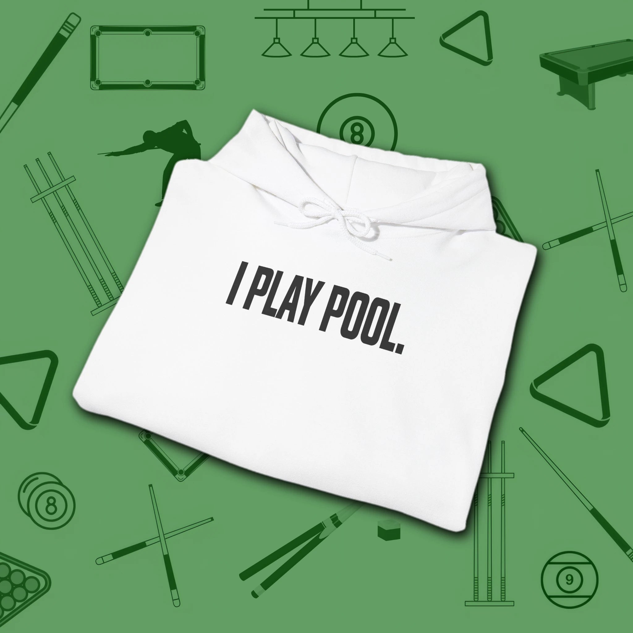 I Play Pool Hoodie, in White color, billiards hoodie, folded view