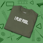 I Play Pool T-Shirt, in Military Green color, billiards shirt, folded view