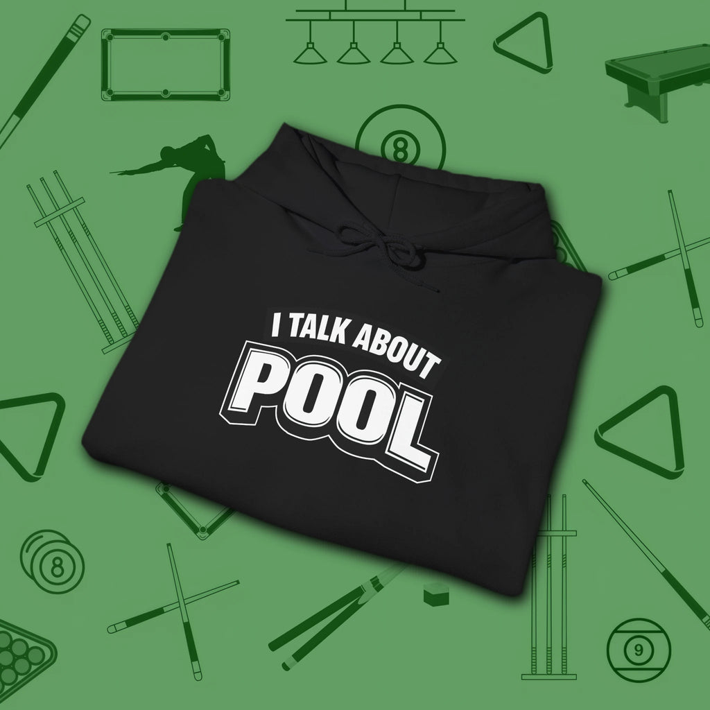 I Talk About Pool Hoodie, in Black color, billiards hoodie, folded view