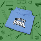 I Talk About Pool Hoodie, in Carolina Blue color, billiards hoodie, folded view