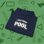I Talk About Pool Hoodie, in Navy color, billiards hoodie, folded view
