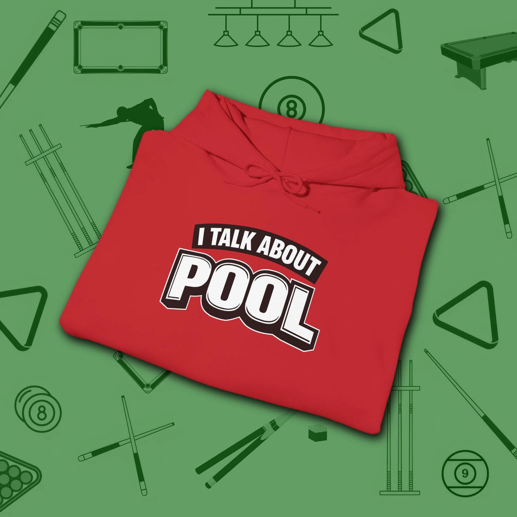 I Talk About Pool Hoodie, in Red color, billiards hoodie, folded view