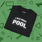 I Talk About Pool T-Shirt, in Black color, billiards shirt, folded view