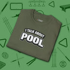 I Talk About Pool T-Shirt, in Military Green color, billiards shirt, folded view