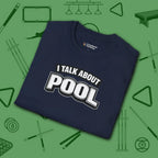 I Talk About Pool T-Shirt, in Navy color, billiards shirt, folded view