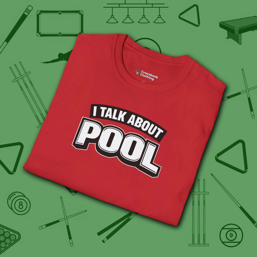 I Talk About Pool T-Shirt, in Red color, billiards shirt, folded view