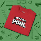 I Talk About Pool T-Shirt, in Red color, billiards shirt, folded view