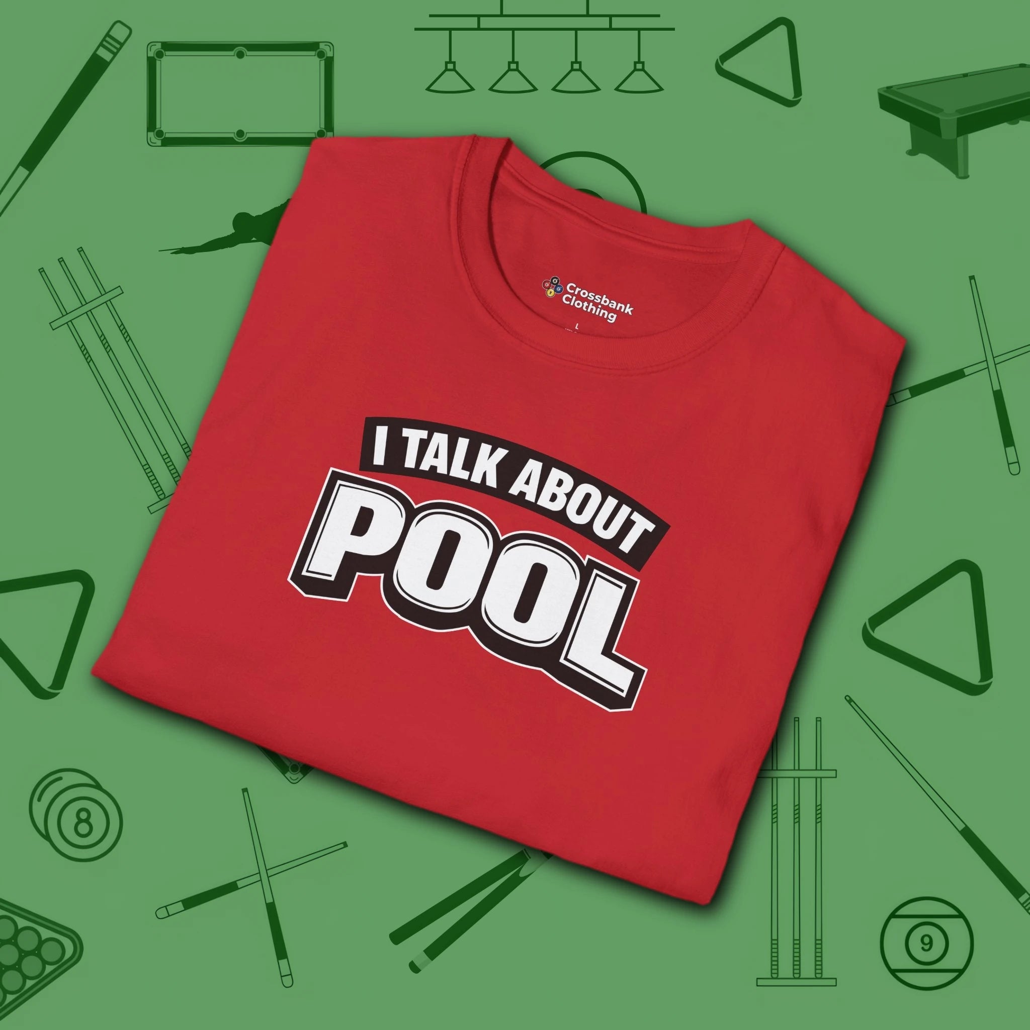 I Talk About Pool T-Shirt, in Red color, billiards shirt, folded view