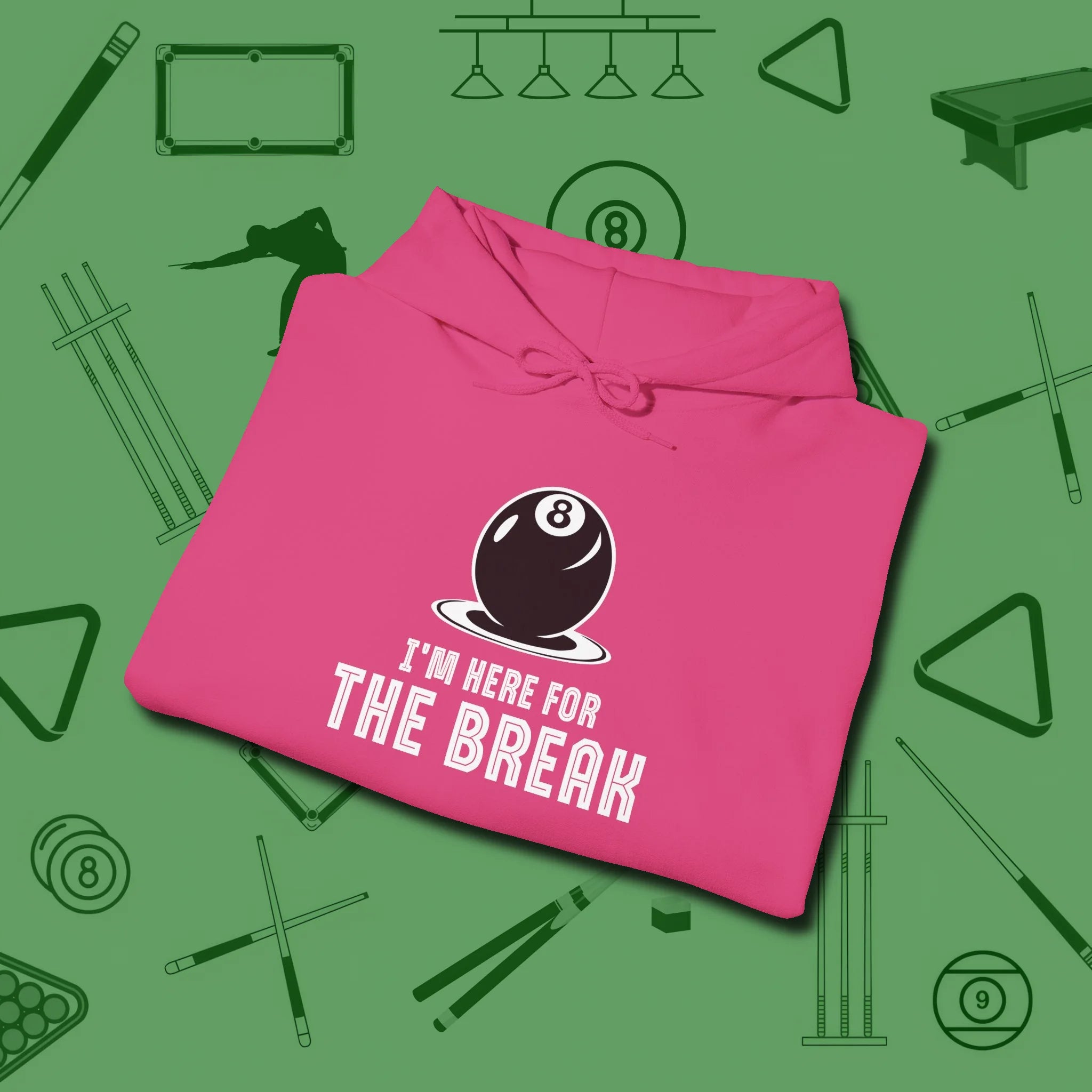 I'm Here For The Break Hoodie, folded view, in Heliconia confidence stitched in every seam