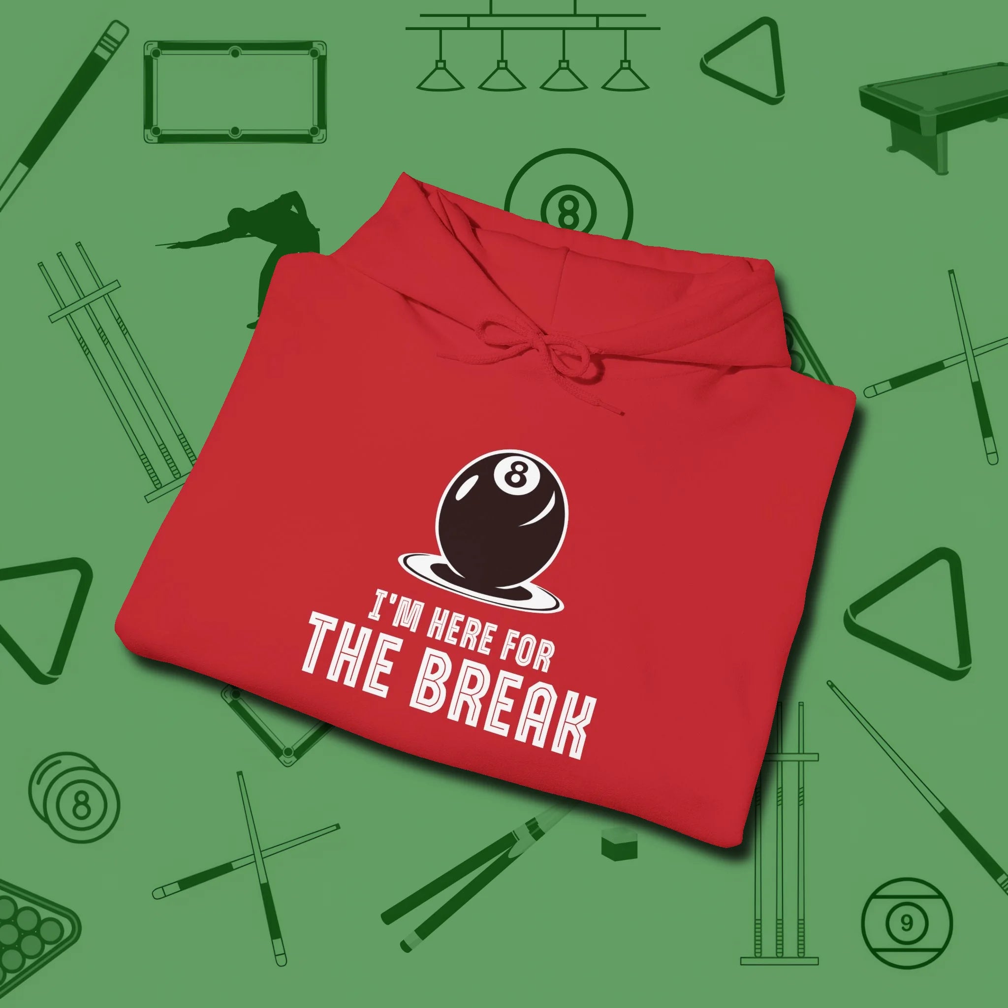I'm Here For The Break Hoodie, folded view, in Red because pool isn’t just a game — it’s who you are