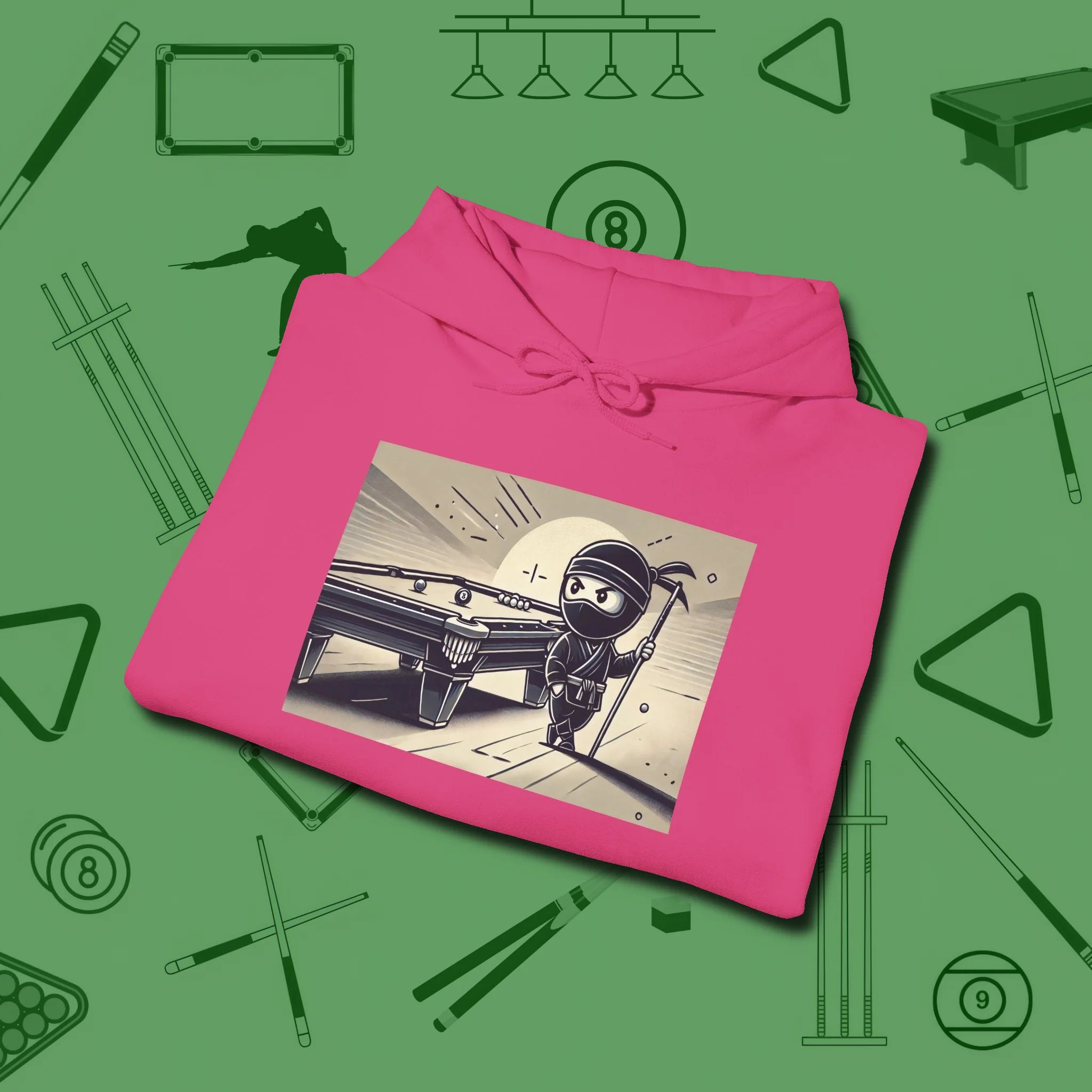 Irate Ninja Hoodie, folded view, in Heliconia strike fear with swagger and precision