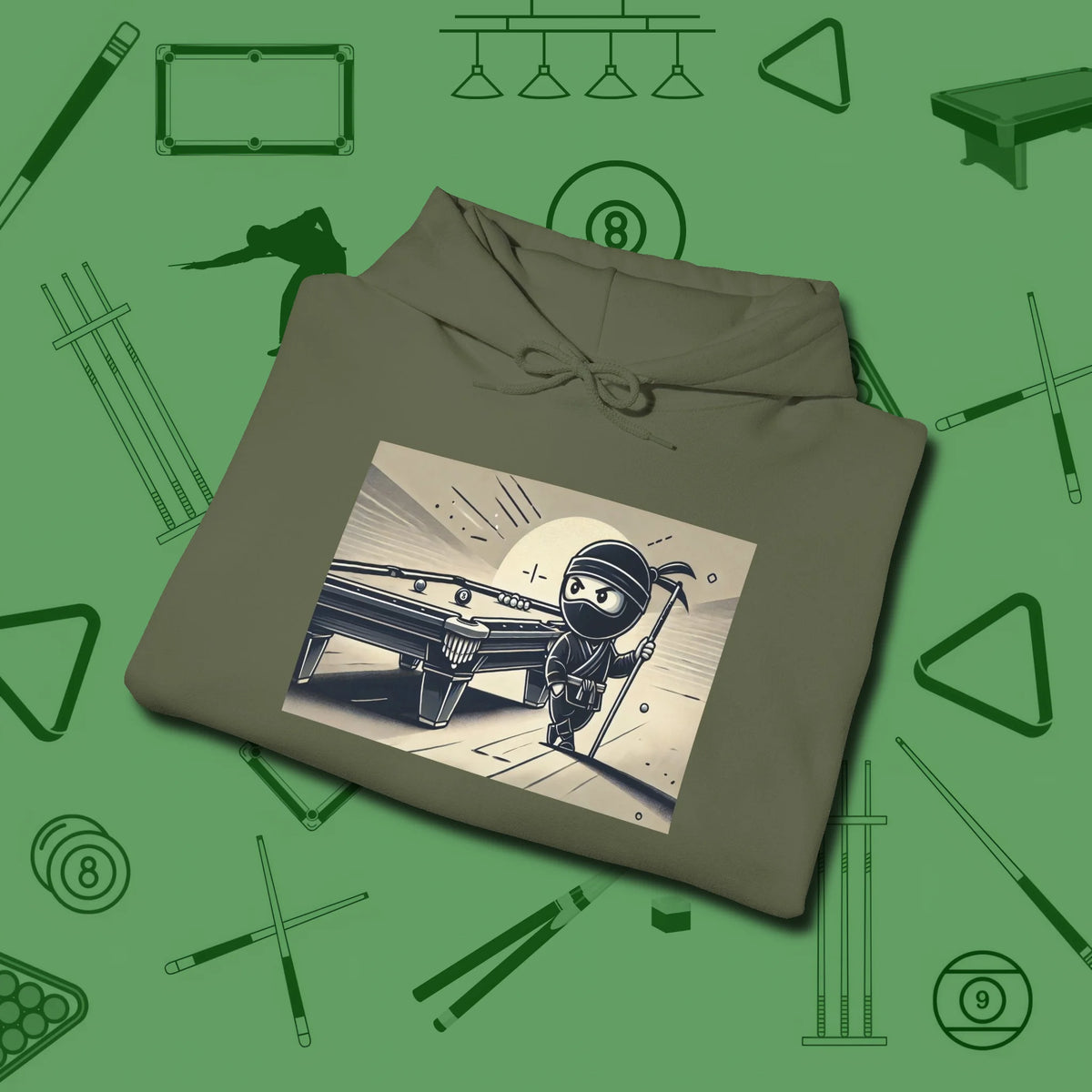 Irate Ninja Hoodie, folded view, in Military Green built for bold breaks and quiet confidence