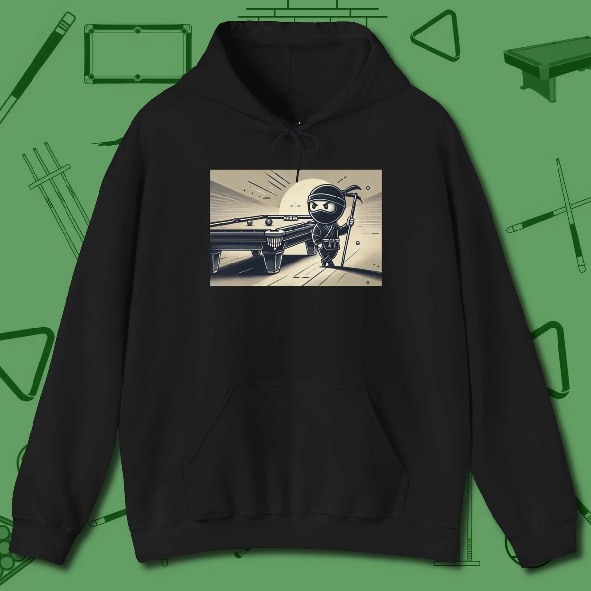 Irate Ninja Hoodie, front view, in Black play in style, win in silence