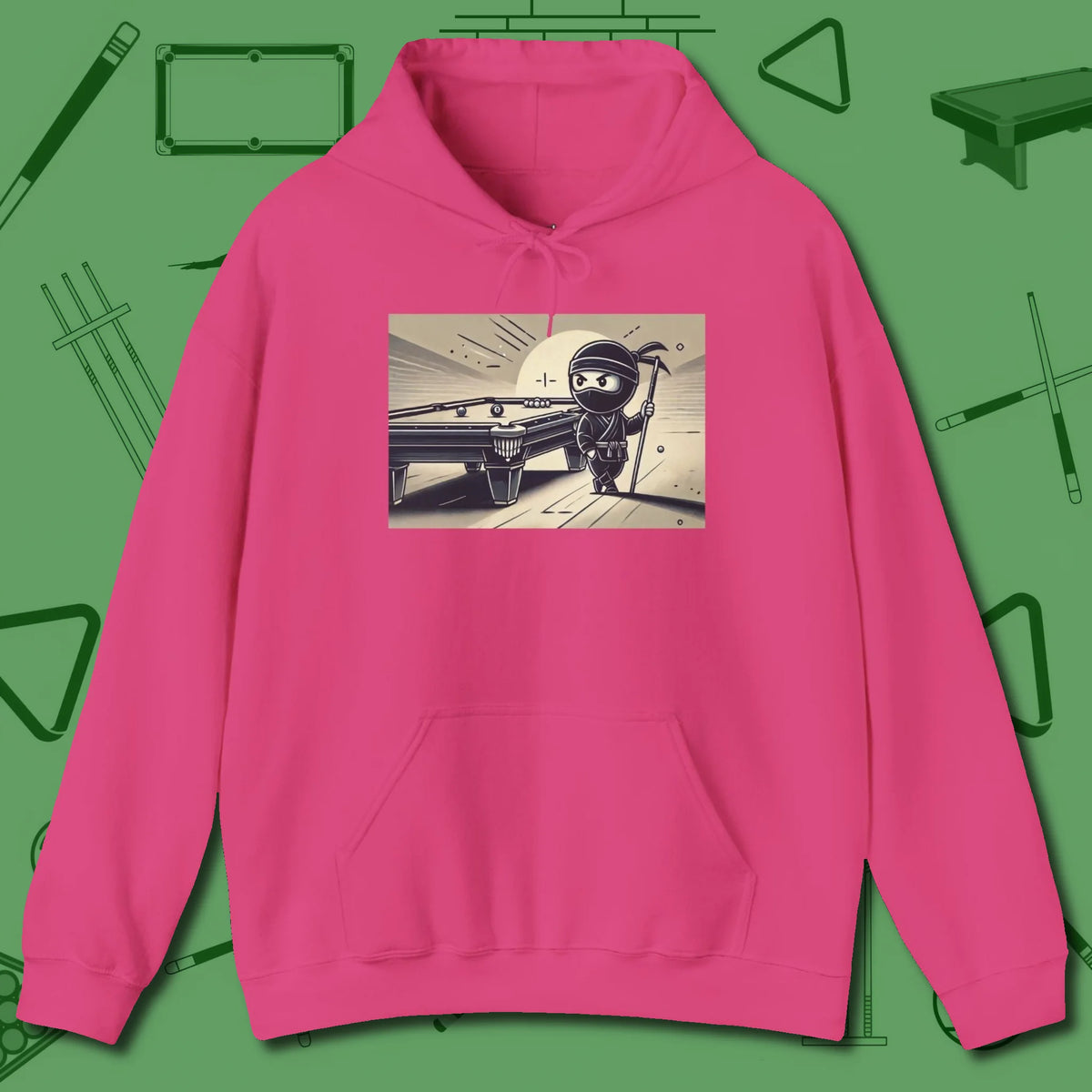 Irate Ninja Hoodie, front view, in Heliconia confidence stitched in every seam