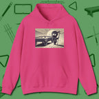 Irate Ninja Hoodie, front view, in Heliconia confidence stitched in every seam