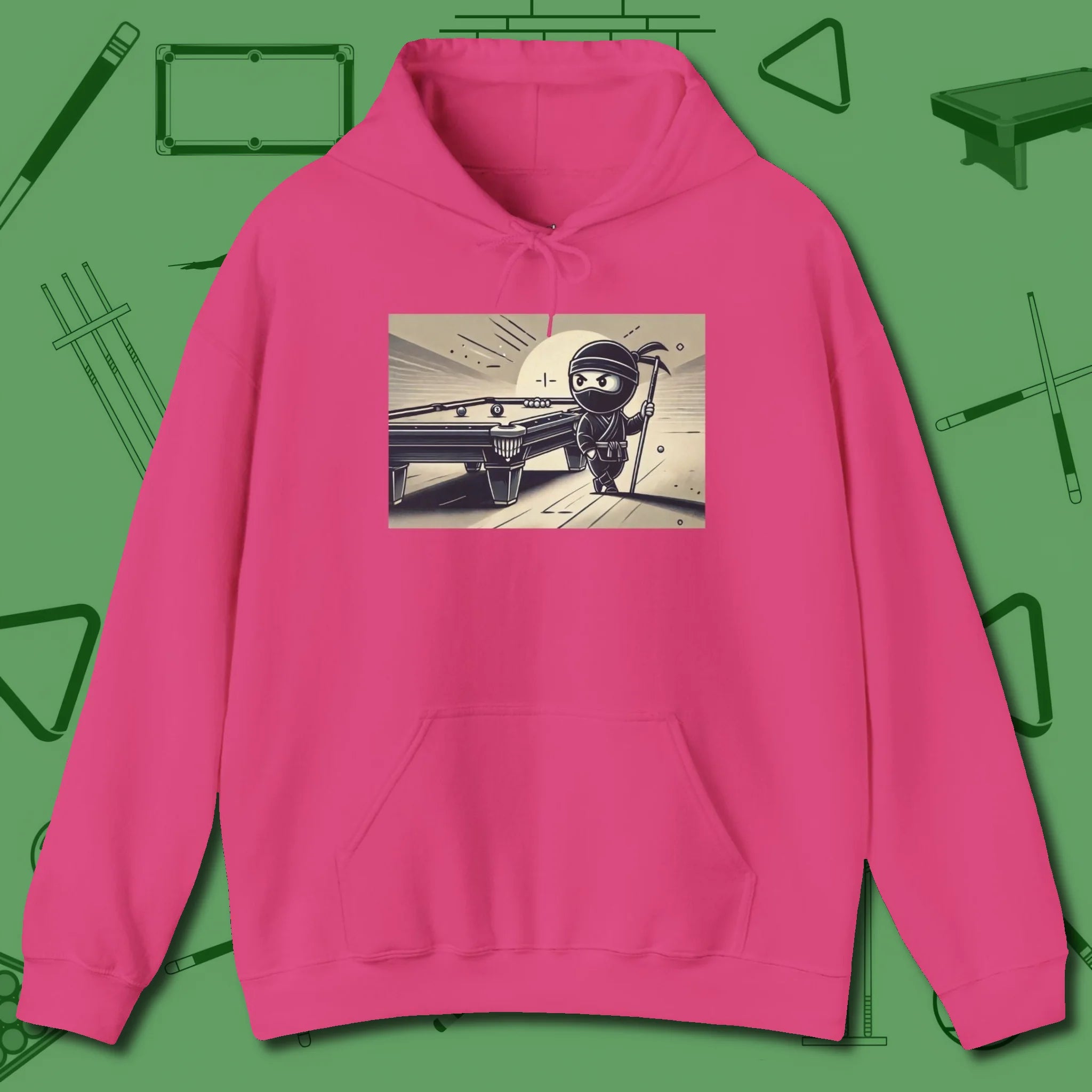 Irate Ninja Hoodie, front view, in Heliconia confidence stitched in every seam